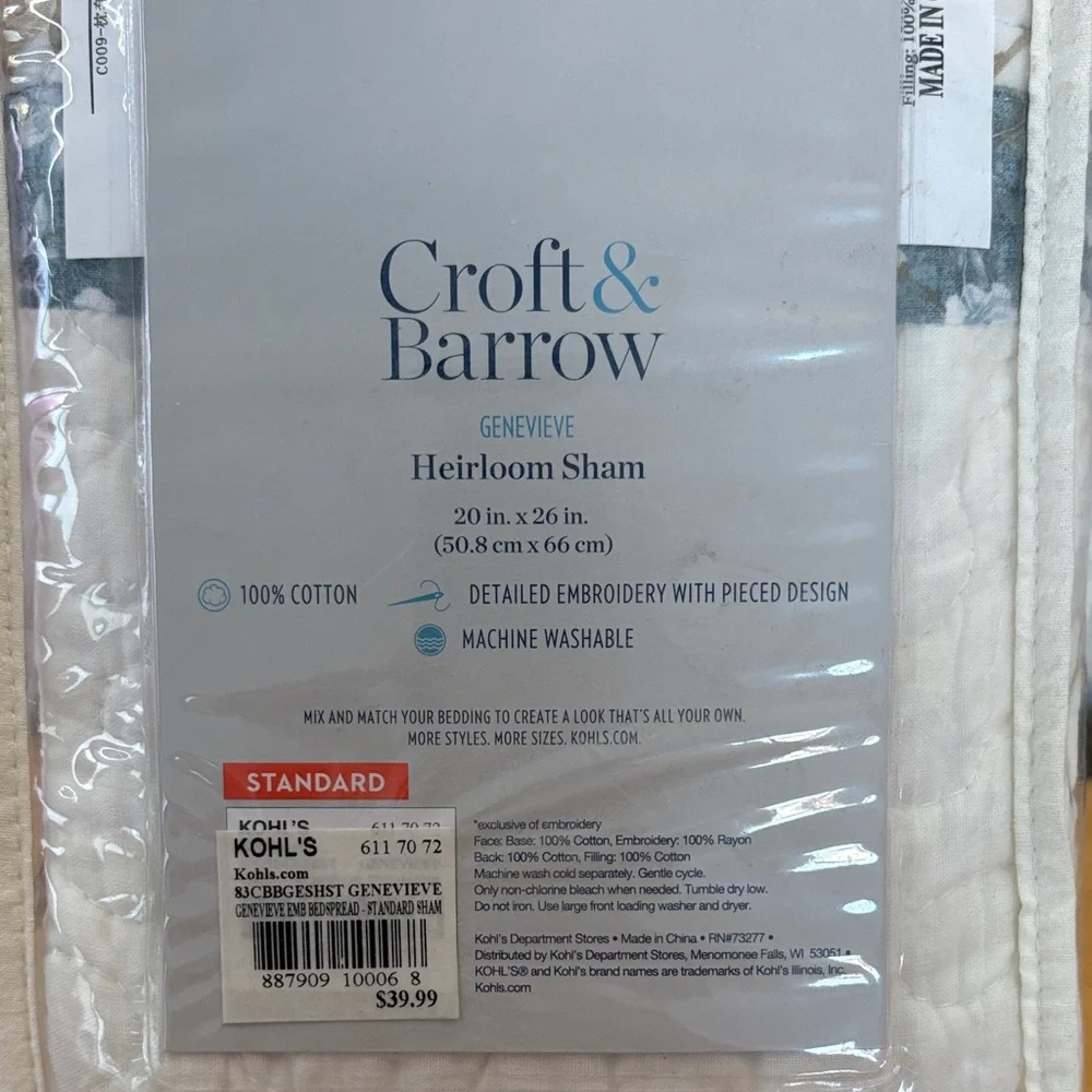 Croft & Barrow Genevieve Heirloom Standard Shams (2) Cotton Cream Blue Floral